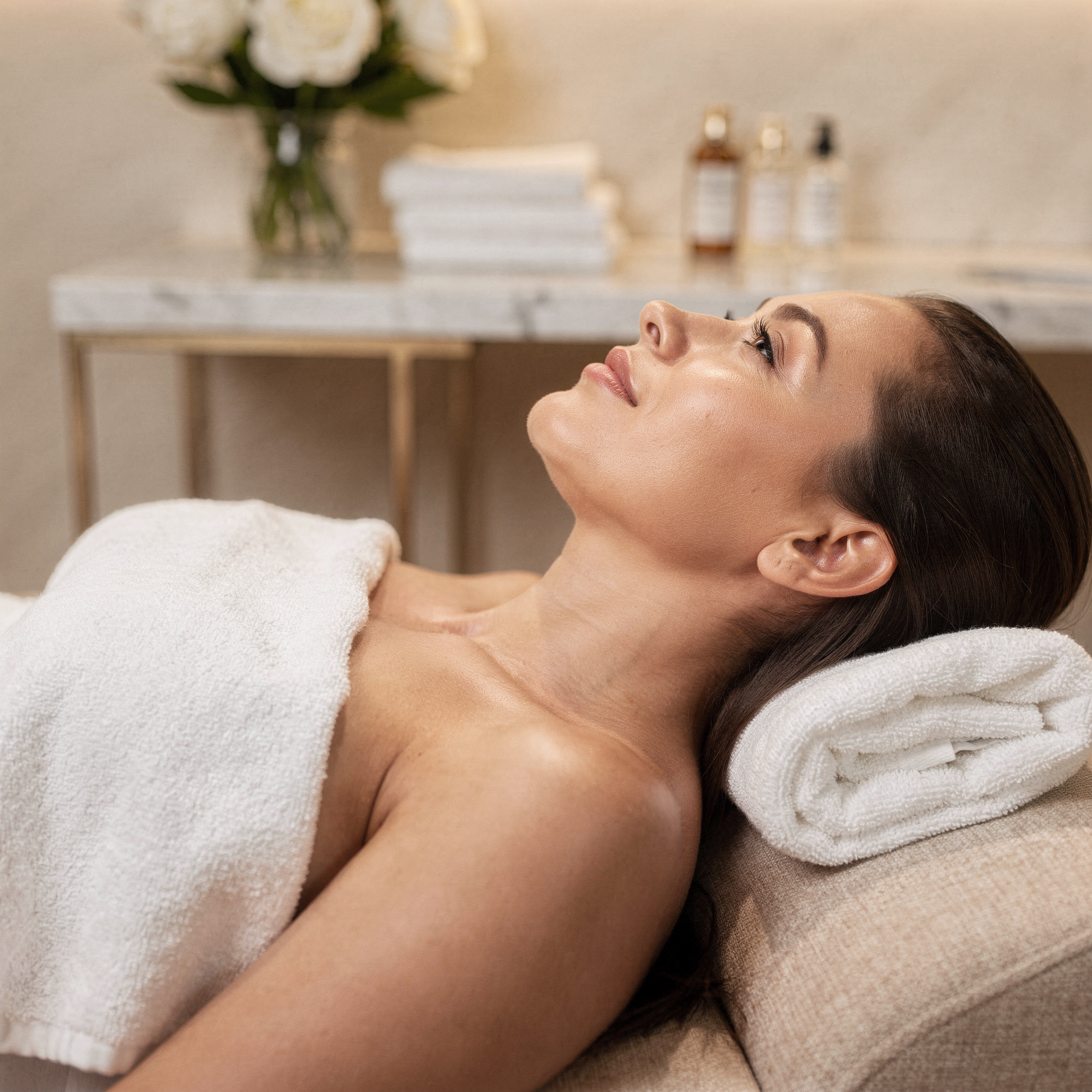 Woman relaxing on treatment bed in serene spa setting with towels and skincare products